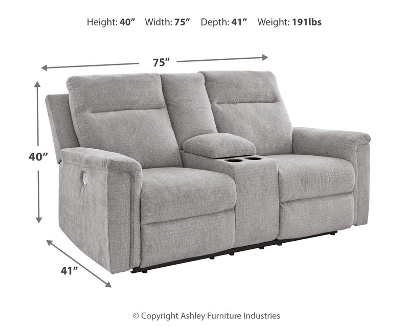 Barnsana - Dbl Power Reclining Loveseat with Console - Fabric - Ash