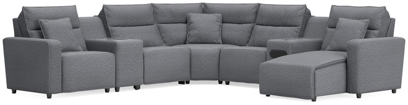 Modmax II - 7-Piece Power Reclining Sectional With RAF Press Back Power Chaise, Console And Audio System - Salt And Pepper - Next-Gen Nuvella