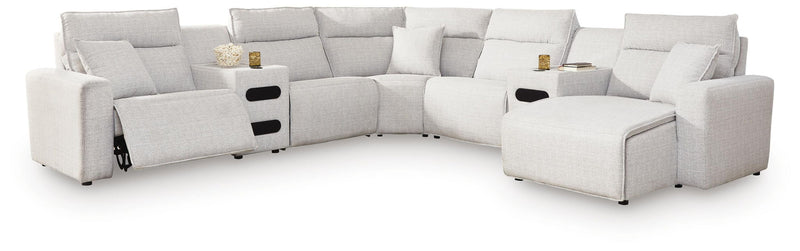 Modmax II - 7-Piece Power Reclining Sectional With RAF Press Back Power Chaise And Audio Consoles - Stone - Next-Gen Nuvella