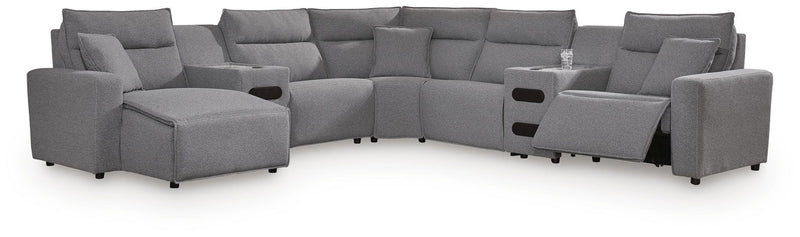 Modmax II - 7-Piece Power Reclining Sectional With LAF Press Back Power Chaise And Audio Consoles - Salt And Pepper - Next-Gen Nuvella