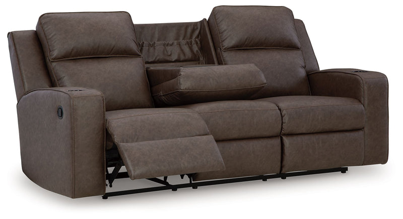 Lavenhorne - Reclining Sofa W/ Drop Down Table - Faux Leather - Granite