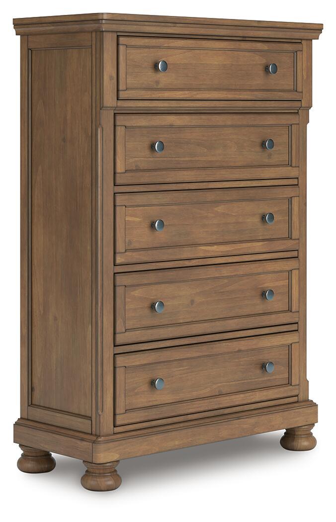 Feddinger - 5 Pc. - Queen Sleigh Storage Bed, Dresser, Mirror, Chest And Nightstand - Medium Brown