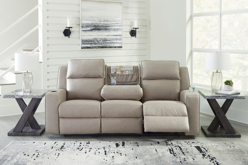 Lavenhorne - Reclining Sofa W/ Drop Down Table - Faux Leather - Pebble
