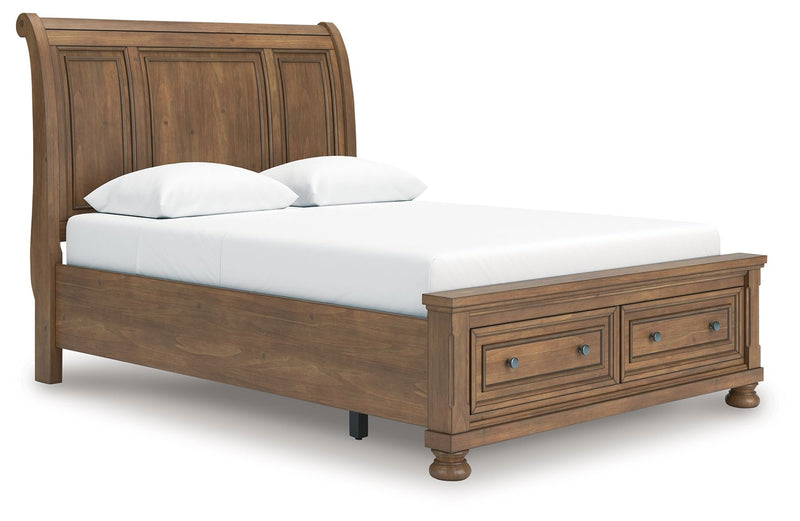 Feddinger - 3 Pc. - Queen Sleigh Storage Bed, Dresser And Mirror - Medium Brown