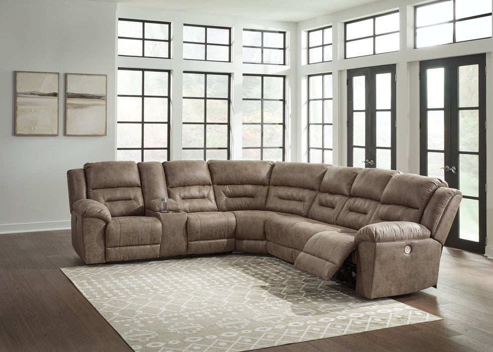 Ravenel - 4-Piece Power Reclining Sectional With Laf Power Reclining Loveseat With Console - Faux Leather - Fossil