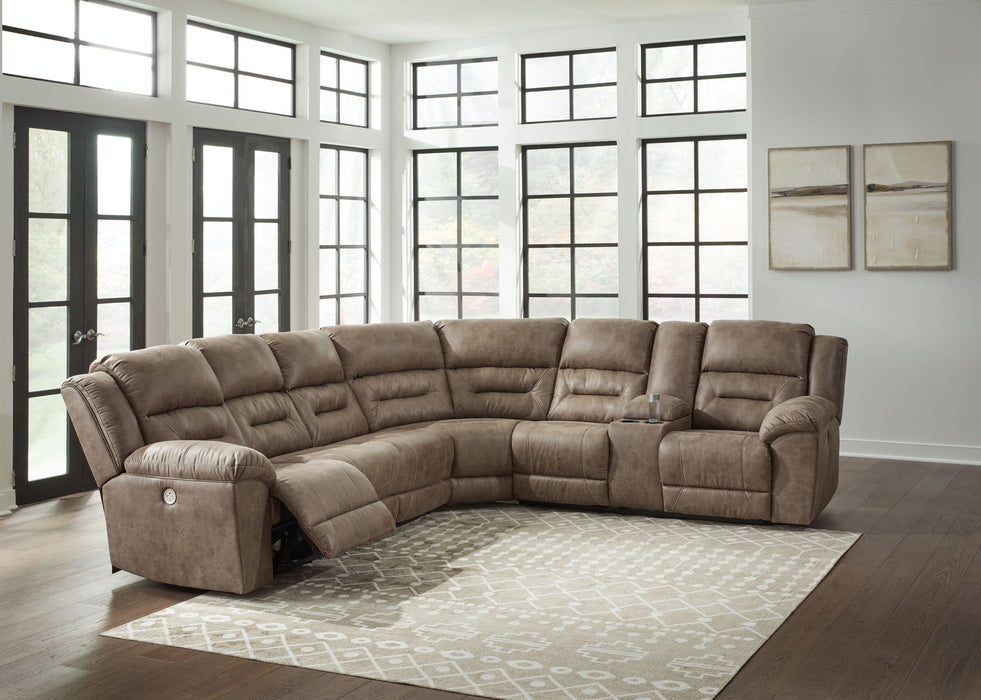 Ravenel - 4-Piece Power Reclining Sectional With Raf Power Reclining Loveseat With Console - Faux Leather - Fossil