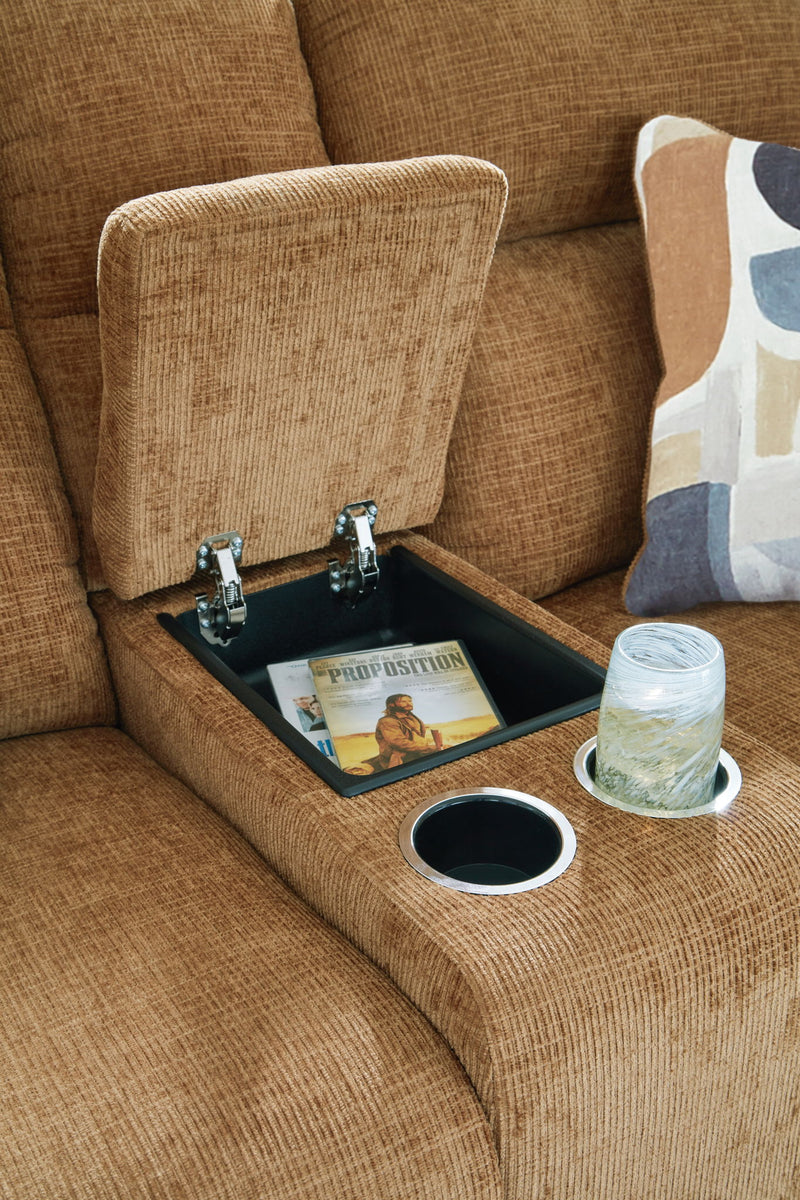 Kanlow - Dbl Reclining Loveseat With Console - Fabric - Honey