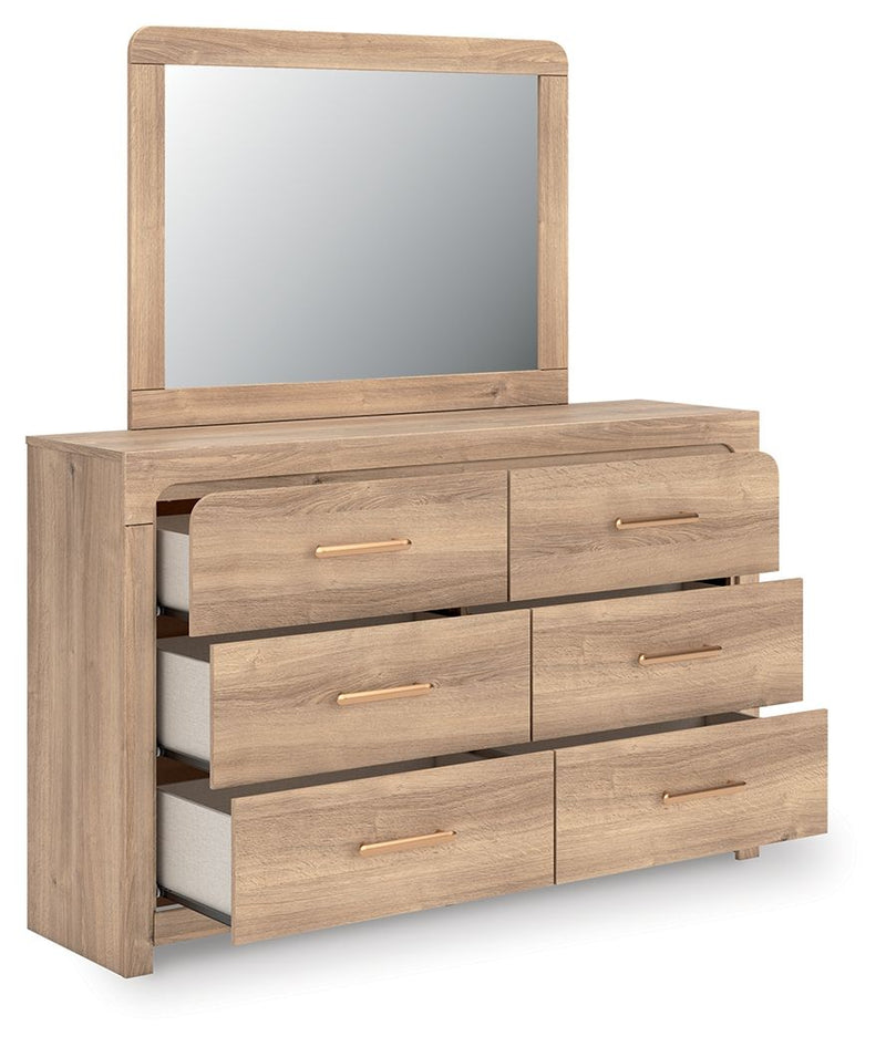 Kinlanni - 3 Pc. - Queen Upholstered Panel Bed, Dresser And Mirror - Tan