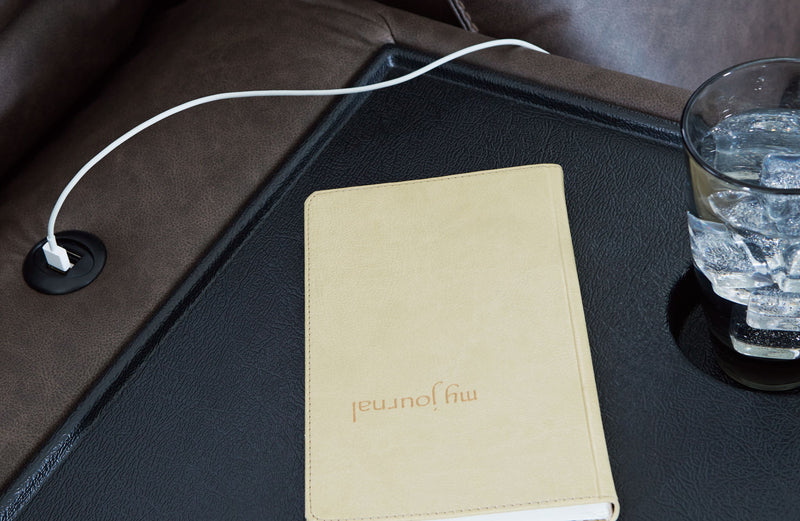 Lavenhorne - Reclining Sofa W/ Drop Down Table - Faux Leather - Granite