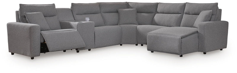 Modmax II - 6-Piece Power Reclining Sectional With RAF Press Back Power Chaise And Сonsole - Salt And Pepper - Next-Gen Nuvella