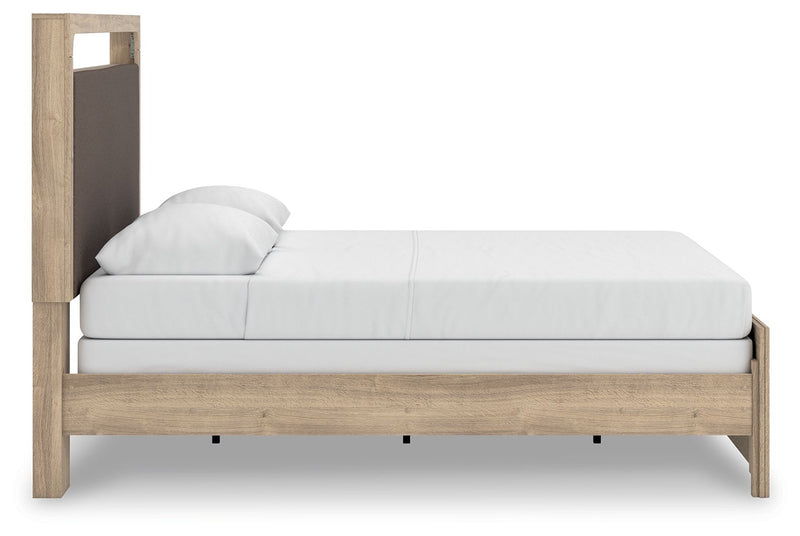 Kinlanni - 3 Pc. - Queen Upholstered Panel Bed, Dresser And Mirror - Tan