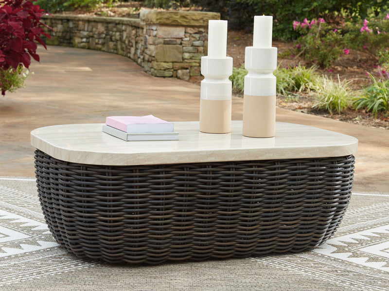Kimora - 7 Pc. - 4-Piece Outdoor Sectional, Swivel Glider Lounge, Cocktail Table, End Table - Beige / Dark Brown