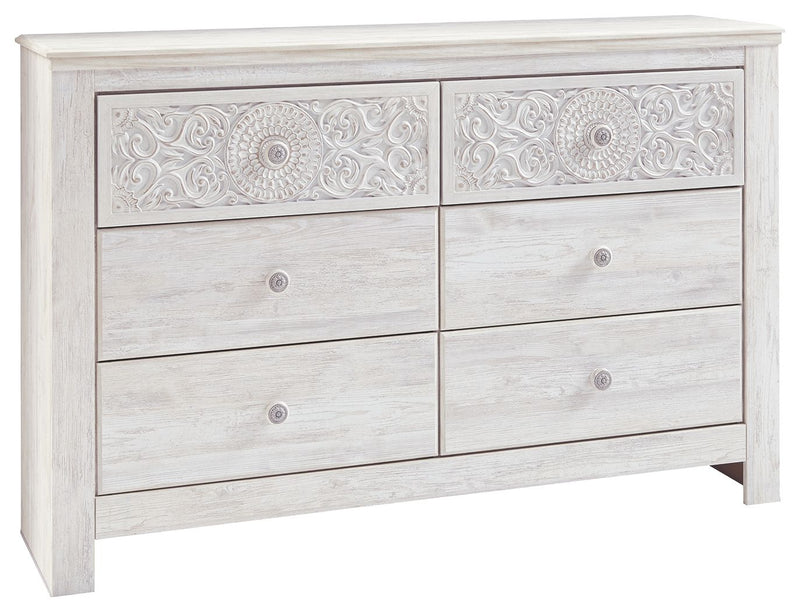 Paxberry - Dresser, Mirror - Medallion Drawer Pulls - Whitewash