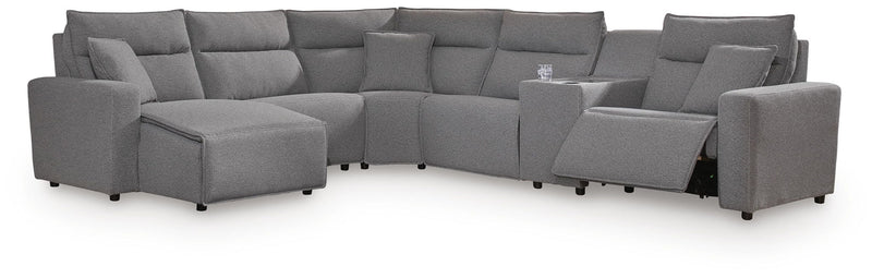 Modmax II - 6-Piece Power Reclining Sectional With LAF Press Back Power Chaise And Console - Salt And Pepper - Next-Gen Nuvella