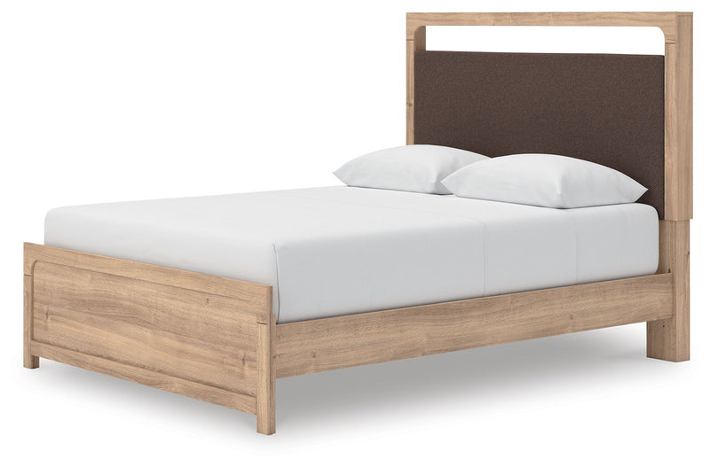Kinlanni - 3 Pc. - Queen Upholstered Panel Bed With Roll Slats, Dresser And Mirror - Tan