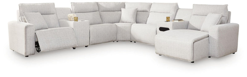 Modmax II - 7-Piece Power Reclining Sectional With RAF Press Back Power Chaise, Console And Audio Console - Stone - Next-Gen Nuvella