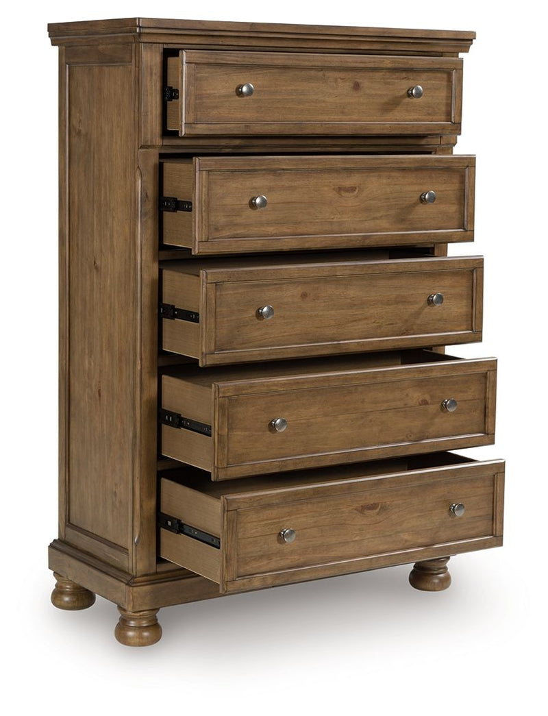 Feddinger - 5 Pc. - Queen Sleigh Storage Bed, Dresser, Mirror, Chest And Nightstand - Medium Brown
