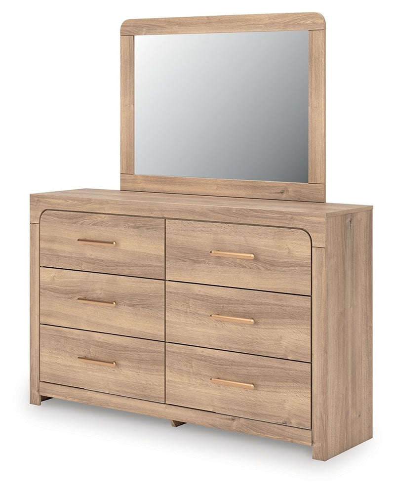 Kinlanni - 3 Pc. - Queen Upholstered Panel Bed With Roll Slats, Dresser And Mirror - Tan