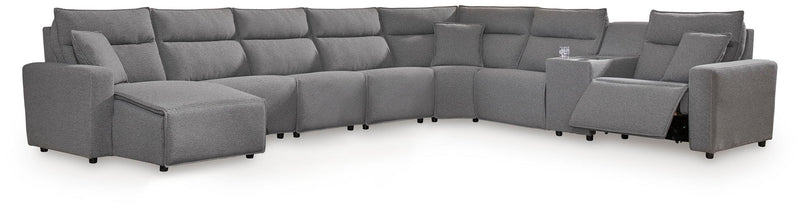 Modmax II - 8-Piece Power Reclining Sectional With LAF Press Back Power Chaise And Console - Salt And Pepper - Next-Gen Nuvella