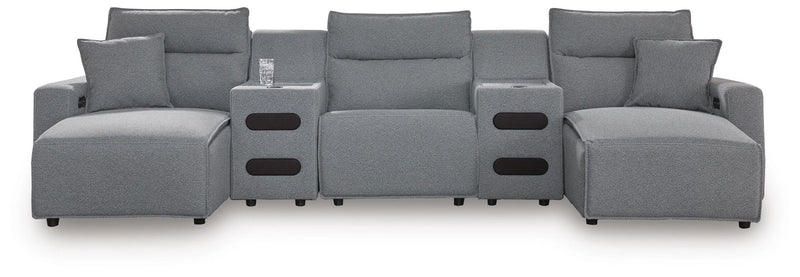 Modmax II - 5-Piece Power Reclining Sectional With Double Chaise, Power Armless Recliner And 2 Audio Consoles - Salt And Pepper - Next-Gen Nuvella